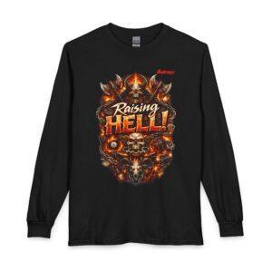 Raising Hell Long Sleeve Shirt — Fiery Skull Rocker Tee