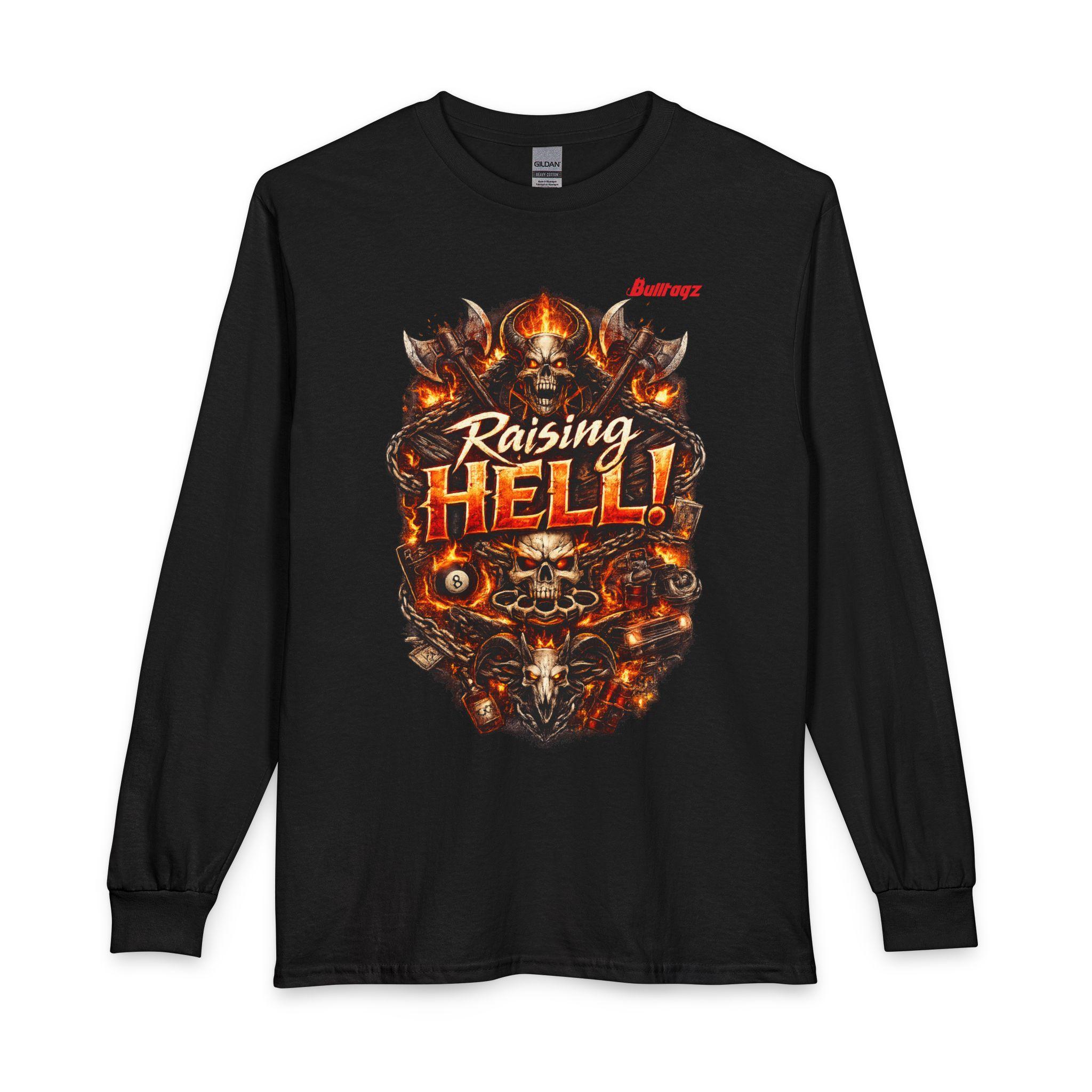 Raising Hell Long Sleeve Shirt — Fiery Skull Rocker Tee